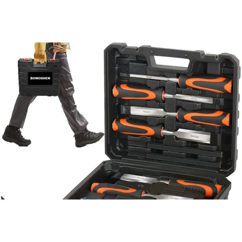 Juego De 11 Cinceles De Madera Para Carpintería Con Caso Negro con Naranja