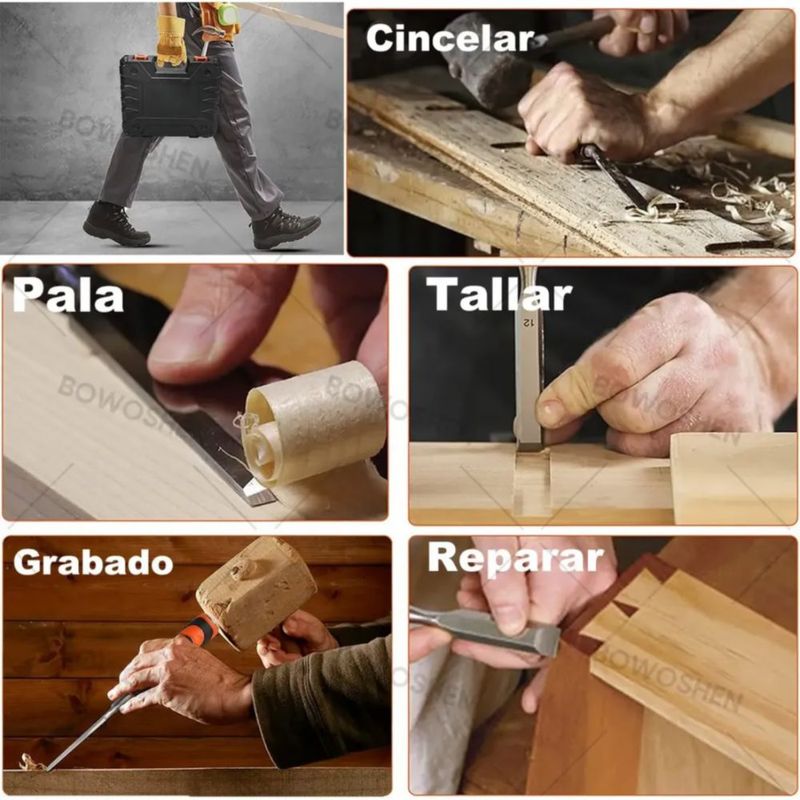 Juego De 11 Cinceles De Madera Para Carpintería Con Caso Negro con Naranja