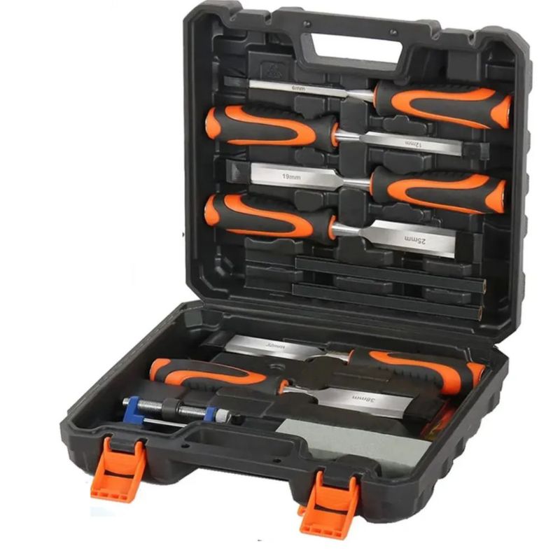 Juego De 11 Cinceles De Madera Para Carpintería Con Caso Negro con Naranja