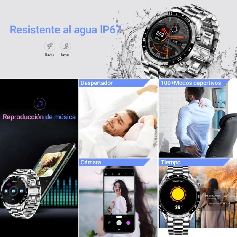 Smartwatch, Correa Plateada, Caja Negra, Multifunción, Resistente al Agua plata
