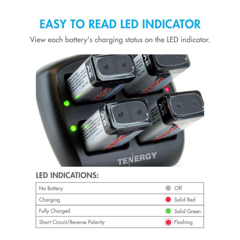 Cargador de Baterías Tenergy 9V de 4 Bahías + 4 x 600 mAh Li‑ion