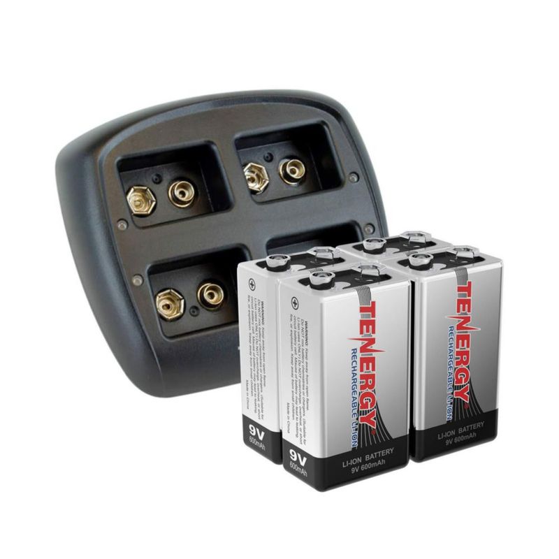 Cargador de Baterías Tenergy 9V de 4 Bahías + 4 x 600 mAh Li‑ion