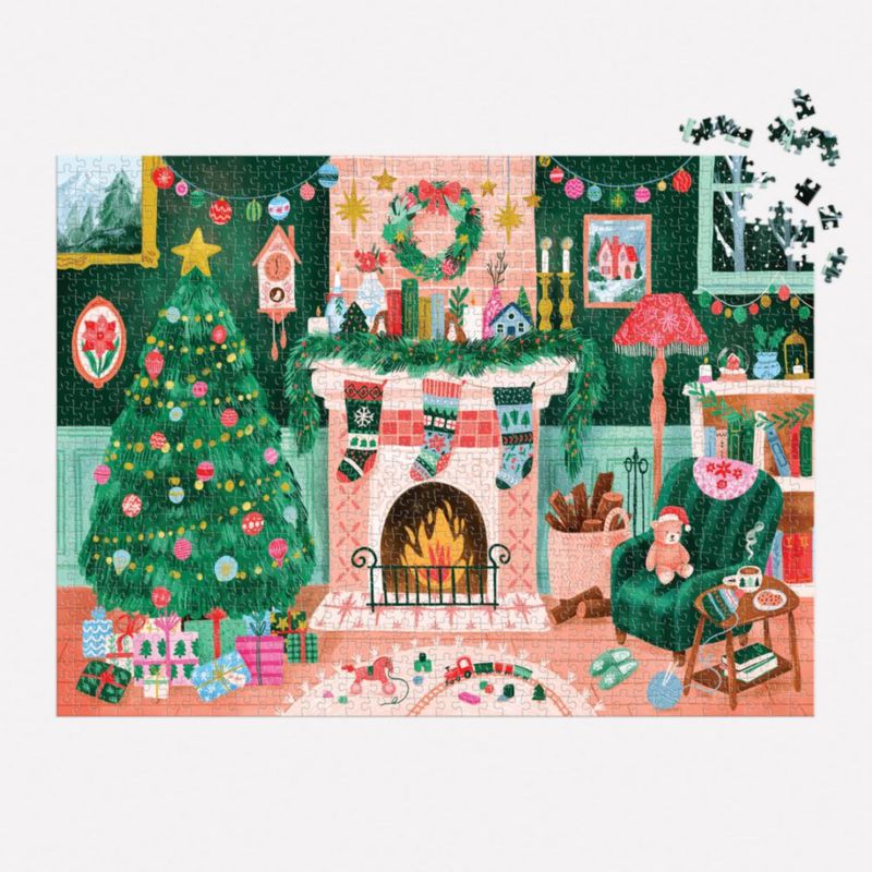 Galison Cozy By The Fireplace – Rompecabezas de 1000 piezas con una hermosa ilustración de una acogedora sala navideña