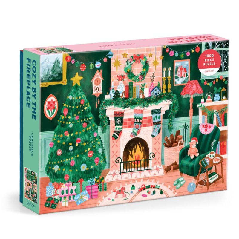 Galison Cozy By The Fireplace – Rompecabezas de 1000 piezas con una hermosa ilustración de una acogedora sala navideña