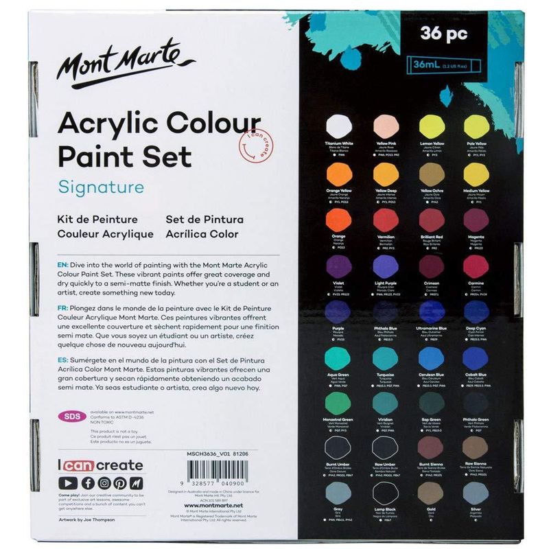 Set de pintura acrílica Mont Marte 36 piezas x 36 ml
