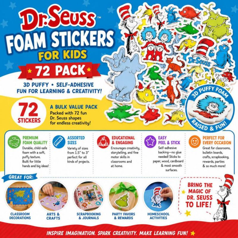 Paquete de 72 pegatinas de espuma multicolores Fun Express Dr. Seuss
