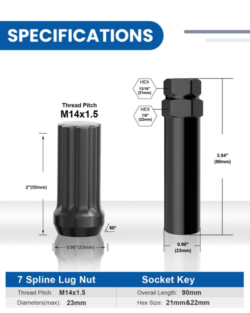 Tuercas de rueda GAsupply 14x1.5 50 mm negras 24 uds + llave