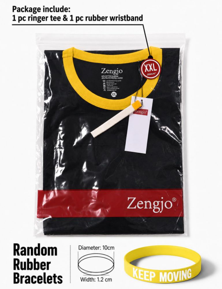 Camiseta Zengjo L negra/amarilla estilo ringer de cuello redondo