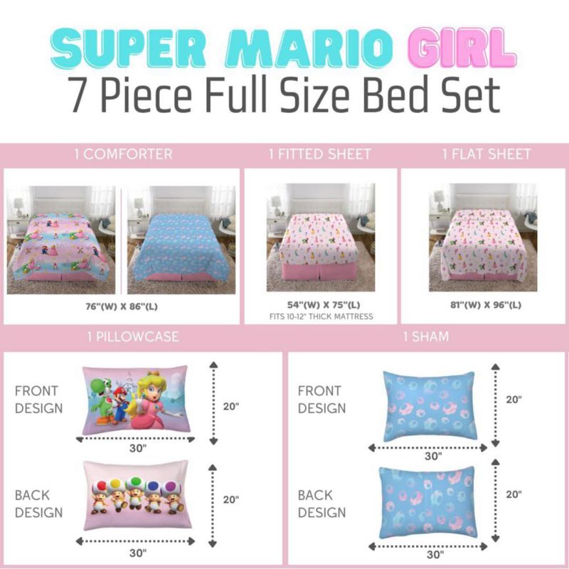 Juego de ropa de cama Franco tamaño completo de 7 piezas Princesa Peach
