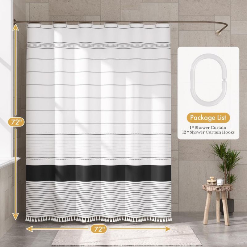 Cortina de Ducha Boho AmazerBath 183 cm Rayas Negras y Borlas