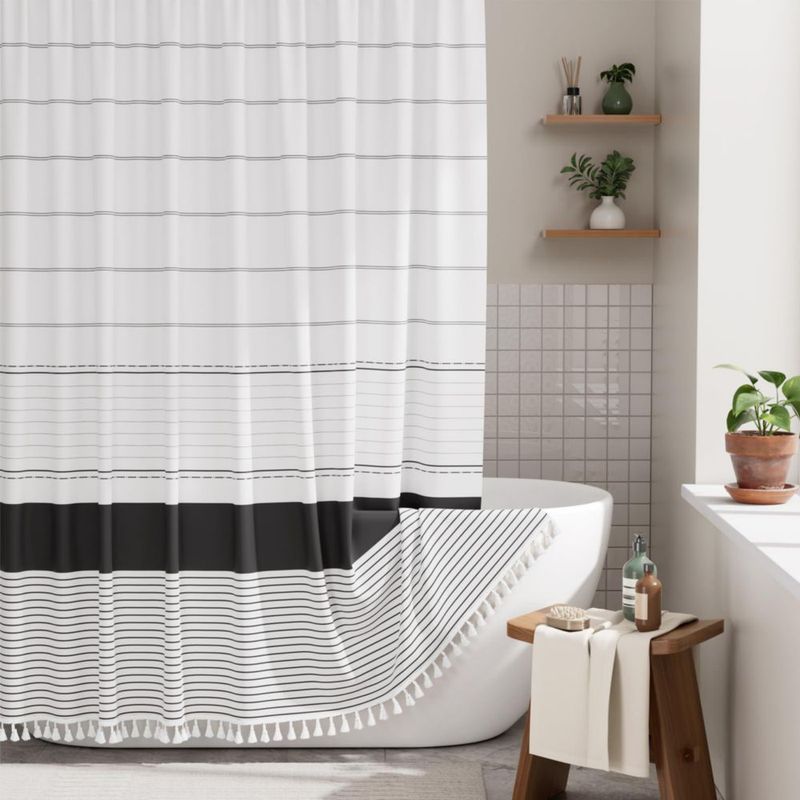 Cortina de Ducha Boho AmazerBath 183 cm Rayas Negras y Borlas
