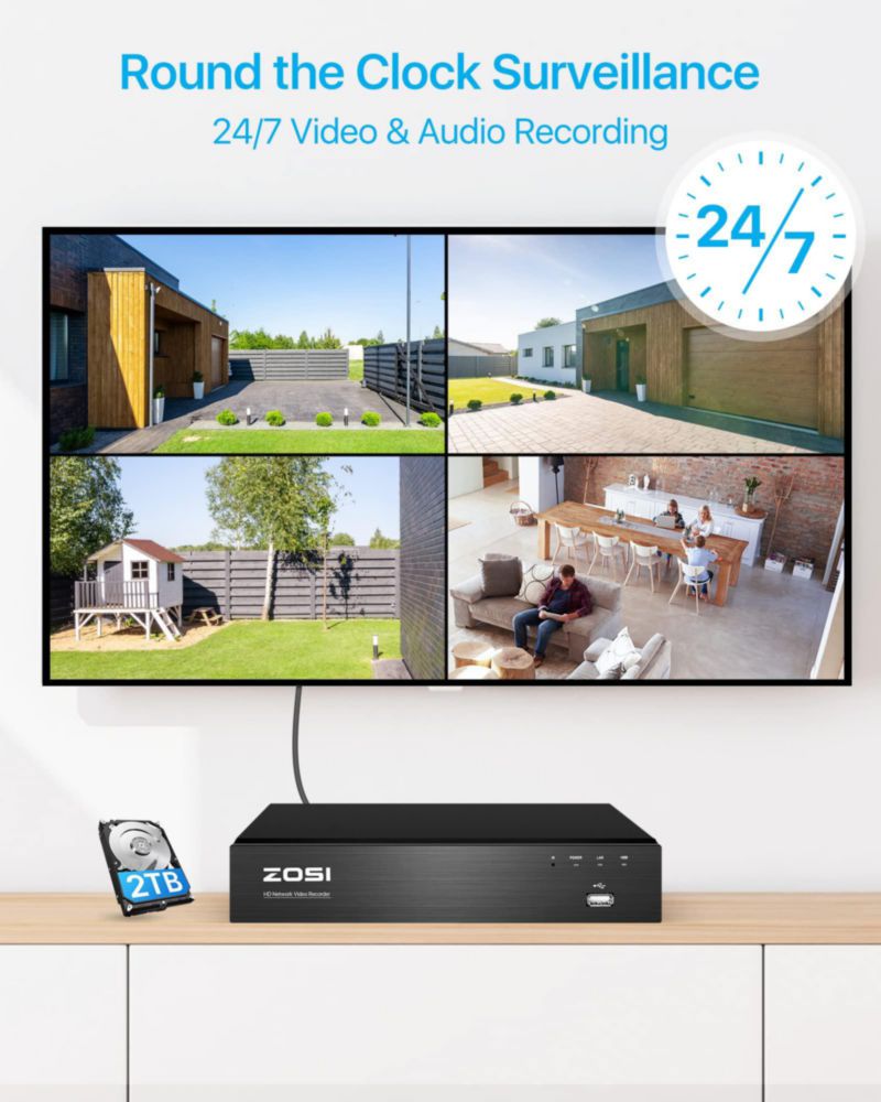 Sistema de Seguridad ZOSI 4K 8CH con Disco Duro de 2 TB y 6 Cámaras Domos 8 MP