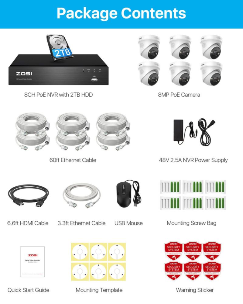 Sistema de Seguridad ZOSI 4K 8CH con Disco Duro de 2 TB y 6 Cámaras Domos 8 MP