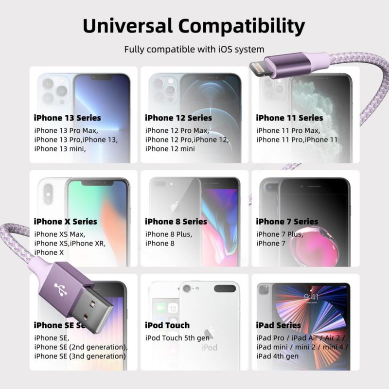 Cable de carga para iPhone Bkayp 3 m nylon trenzado pack de 3 color púrpura
