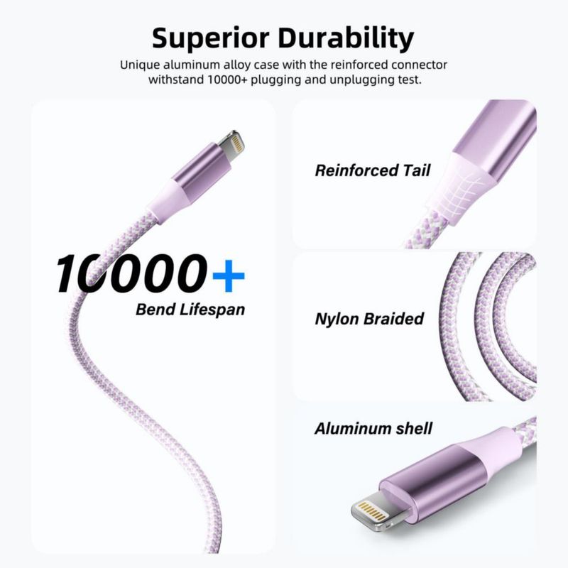 Cable de carga para iPhone Bkayp 3 m nylon trenzado pack de 3 color púrpura