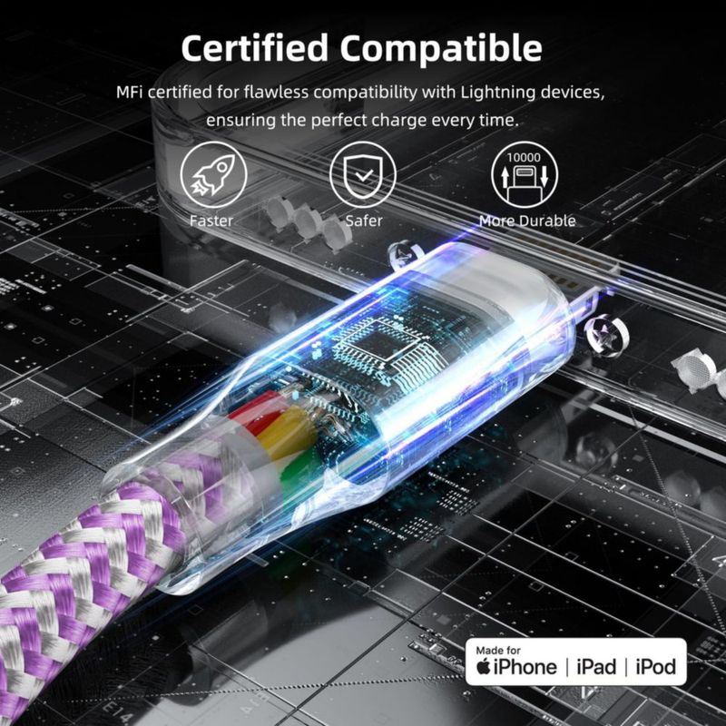 Cable de carga para iPhone Bkayp 3 m nylon trenzado pack de 3 color púrpura