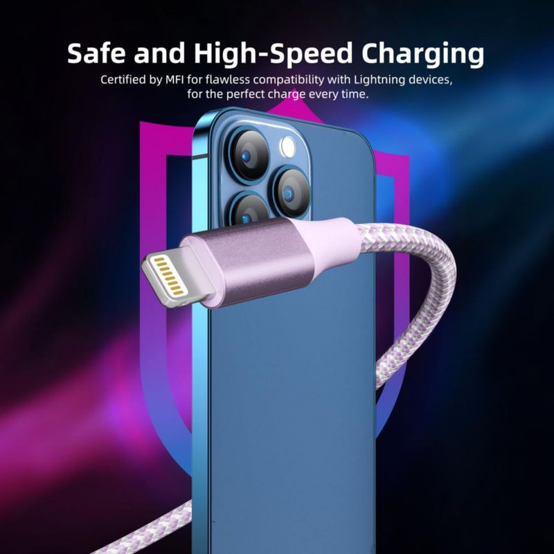 Cable de carga para iPhone Bkayp 3 m nylon trenzado pack de 3 color púrpura