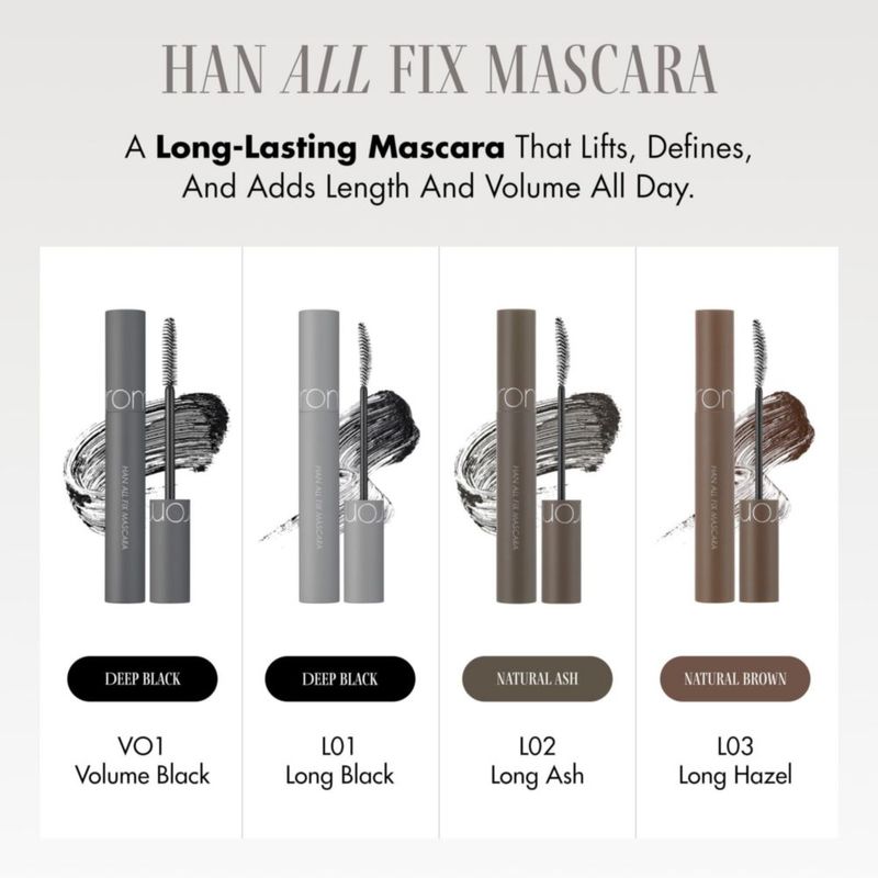 Máscara de pestañas rom&nd Han All Fix resistente al agua negro intenso