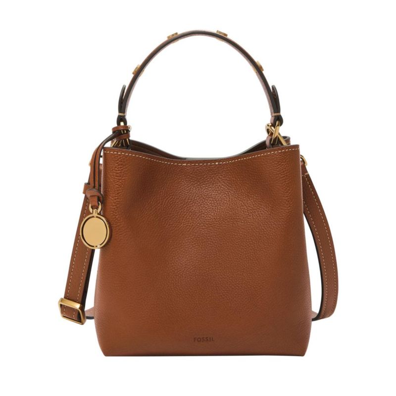 Bolso de mano Fossil de 18 cm de cuero estilo cubo color marrón medio
