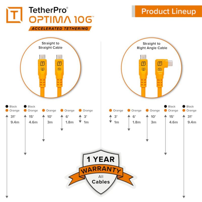 Cable USB‑C Tether Tools 18 m 10 Gbps Naranja (Datos)