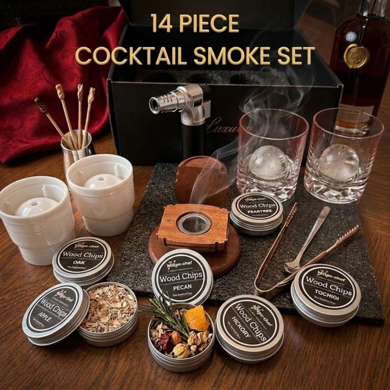 Kit ahumador para whisky Yodel con 6 tipos de virutas de madera y 2 vasos
