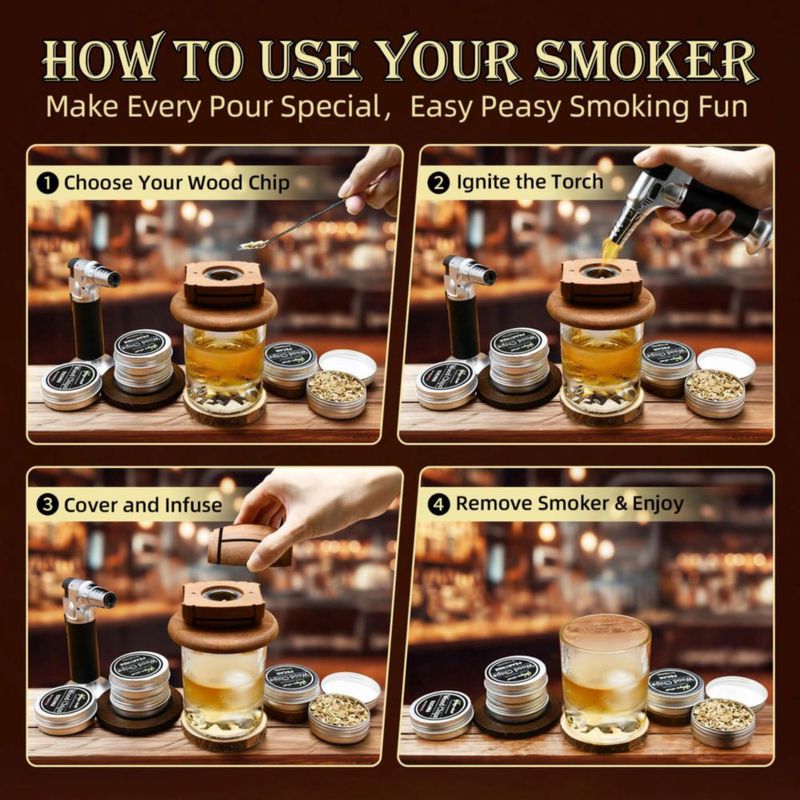 Kit ahumador para whisky Yodel con 6 tipos de virutas de madera y 2 vasos