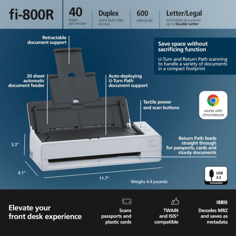 Escáner de Documentos Ricoh fi-800R Color Dúplex con Alimentador Automático de Documentos (ADF)
