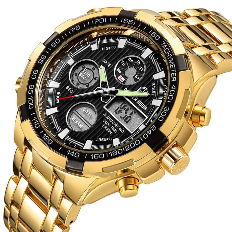 Reloj GOLDEN HOUR de lujo de acero inoxidable analógico digital para hombre a prueba de agua