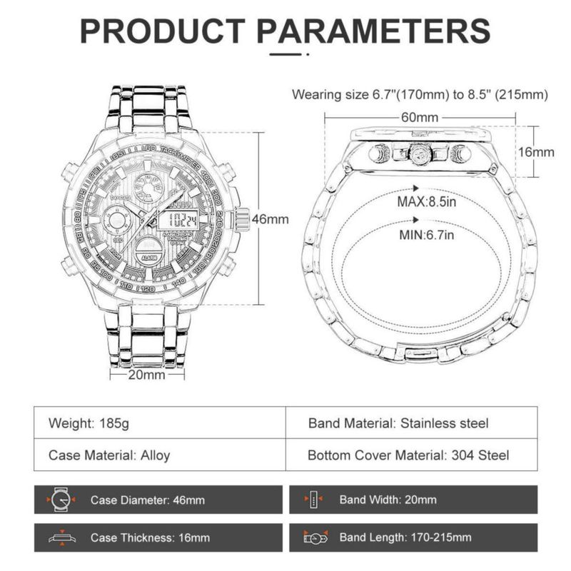 Reloj GOLDEN HOUR de lujo de acero inoxidable analógico digital para hombre a prueba de agua