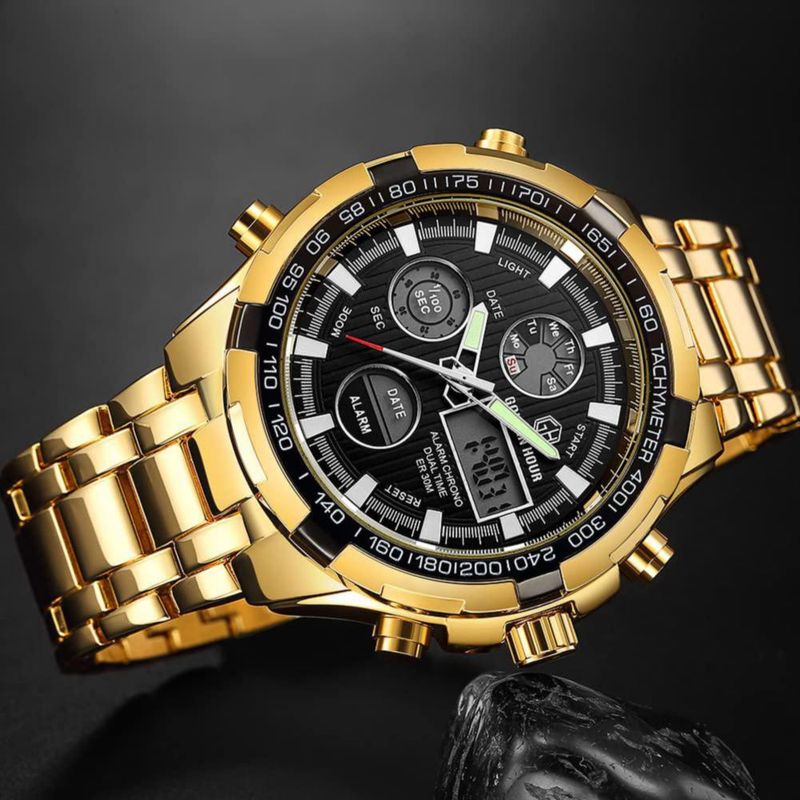 Reloj GOLDEN HOUR de lujo de acero inoxidable analógico digital para hombre a prueba de agua