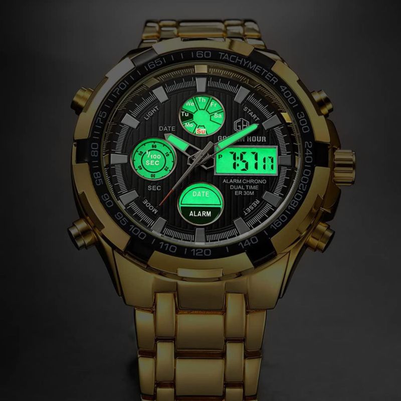 Reloj GOLDEN HOUR de lujo de acero inoxidable analógico digital para hombre a prueba de agua