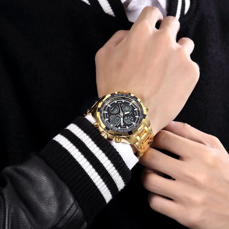 Reloj GOLDEN HOUR de lujo de acero inoxidable analógico digital para hombre a prueba de agua