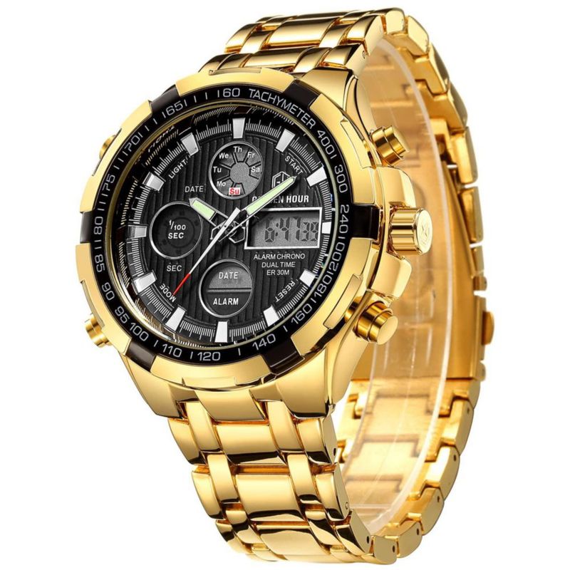 Reloj GOLDEN HOUR de lujo de acero inoxidable analógico digital para hombre a prueba de agua