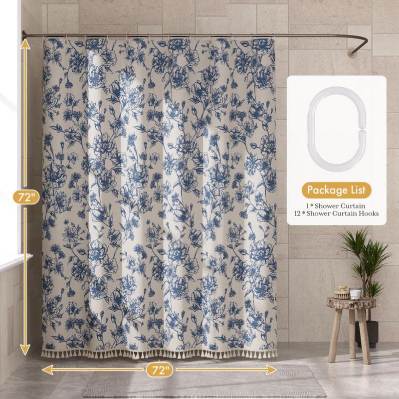 Cortina de ducha AmazerBath 183 cm azul marino con flores y borlas