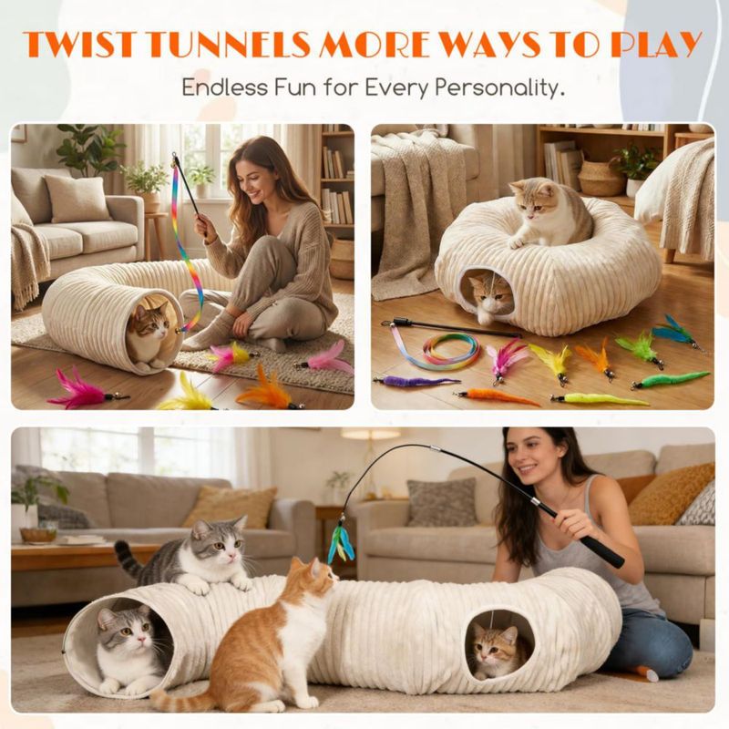 Cama túnel para gatos MKZ 80 cm con 12 juguetes para gatitos de interior
