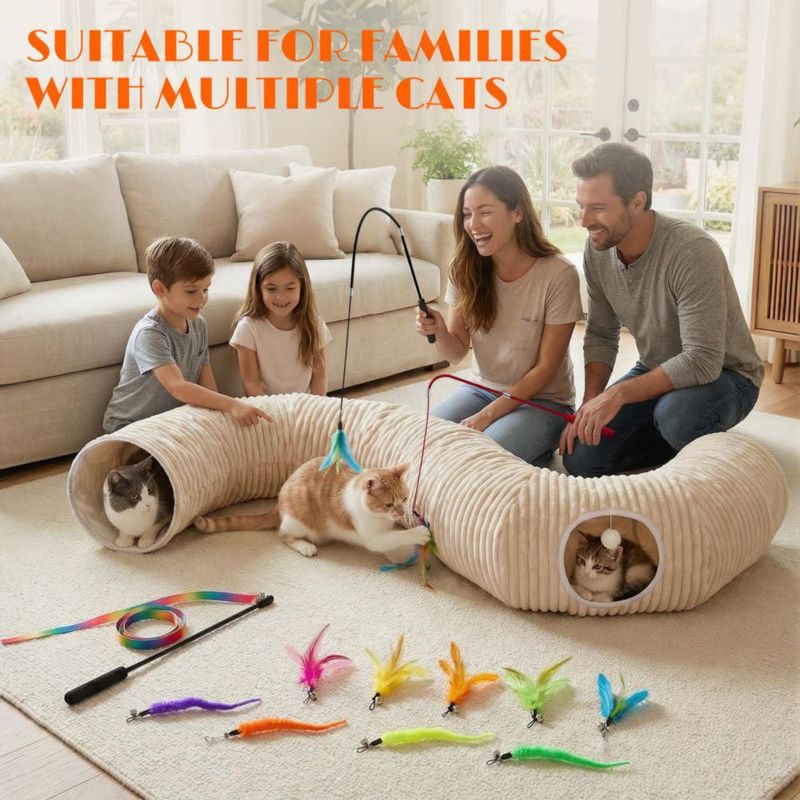 Cama túnel para gatos MKZ 80 cm con 12 juguetes para gatitos de interior