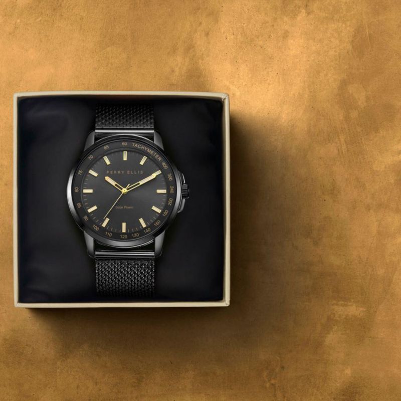 Reloj Perry Ellis Solar 43 mm con Malla Ligera de Acero Gunmetal