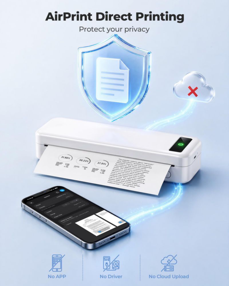 Impresora portátil Wi‑Fi sin tinta AirPrint TATTMUSE 8.5x11 blanco