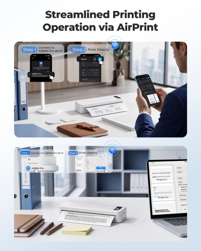 Impresora portátil Wi‑Fi sin tinta AirPrint TATTMUSE 8.5x11 blanco