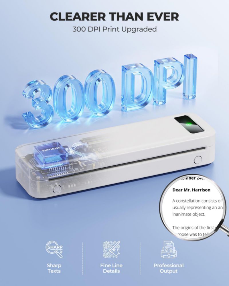 Impresora portátil Wi‑Fi sin tinta AirPrint TATTMUSE 8.5x11 blanco