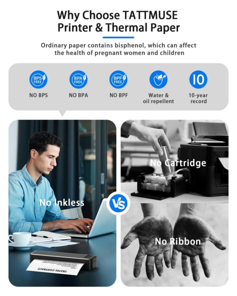 Impresora portátil Wi‑Fi sin tinta AirPrint TATTMUSE 8.5x11 blanco