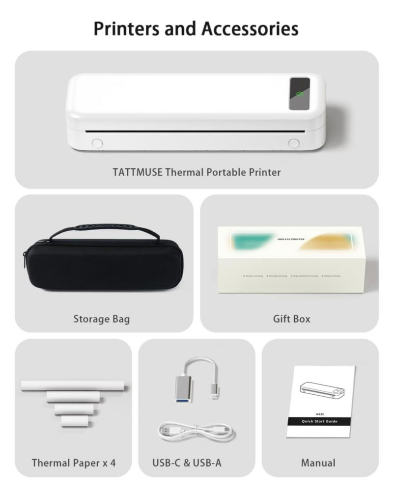 Impresora portátil Wi‑Fi sin tinta AirPrint TATTMUSE 8.5x11 blanco