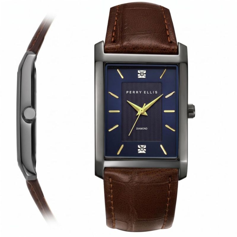 Reloj Perry Ellis de 31 mm con esfera azul oscuro y correa de cuero vegano