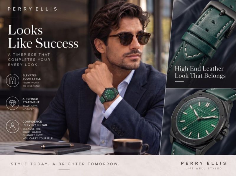 Reloj Perry Ellis Solar verde con correa de cuero vegano