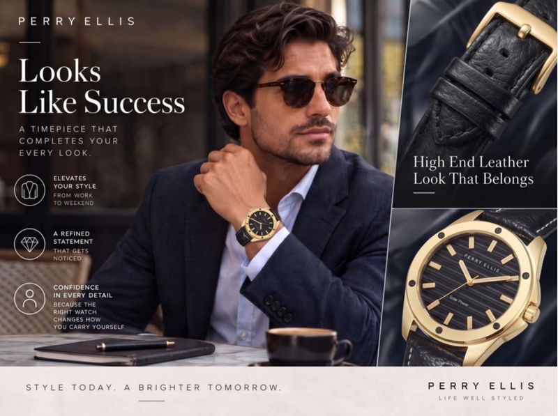 Reloj Solar Perry Ellis 42 mm Negro con Correa de Cuero Vegano