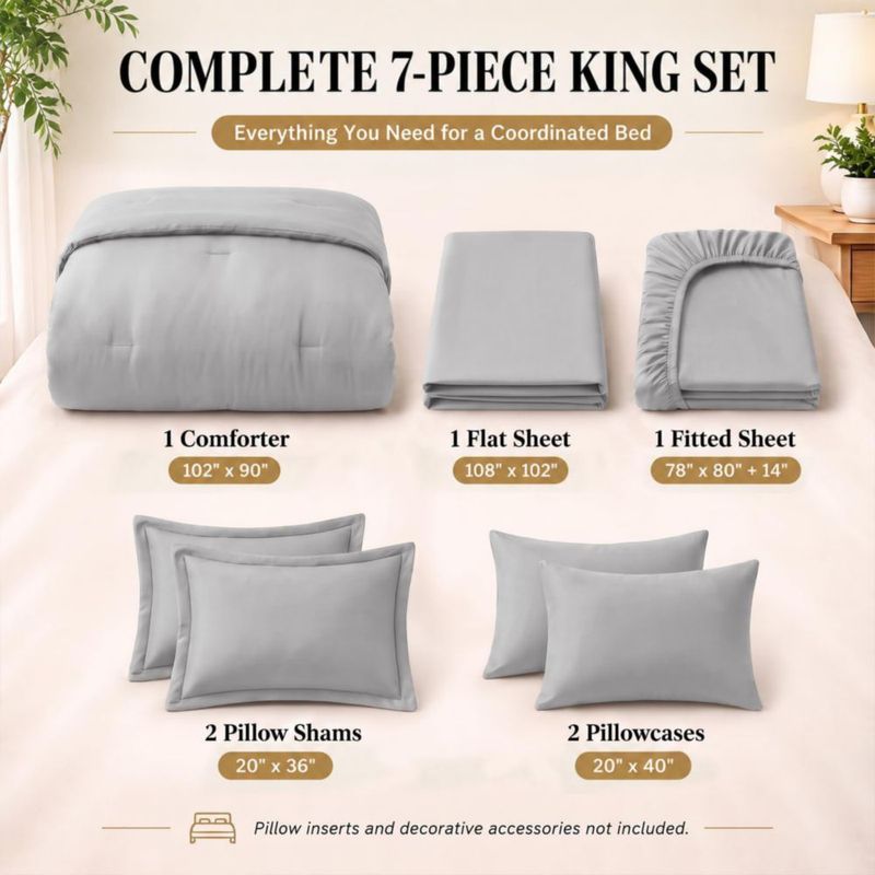 Juego de Edredón CozyLux King 7 piezas Gris Claro de Microfibra