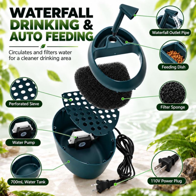 Fuente de agua para reptiles Hoqqf 700 ml con comedero y filtro