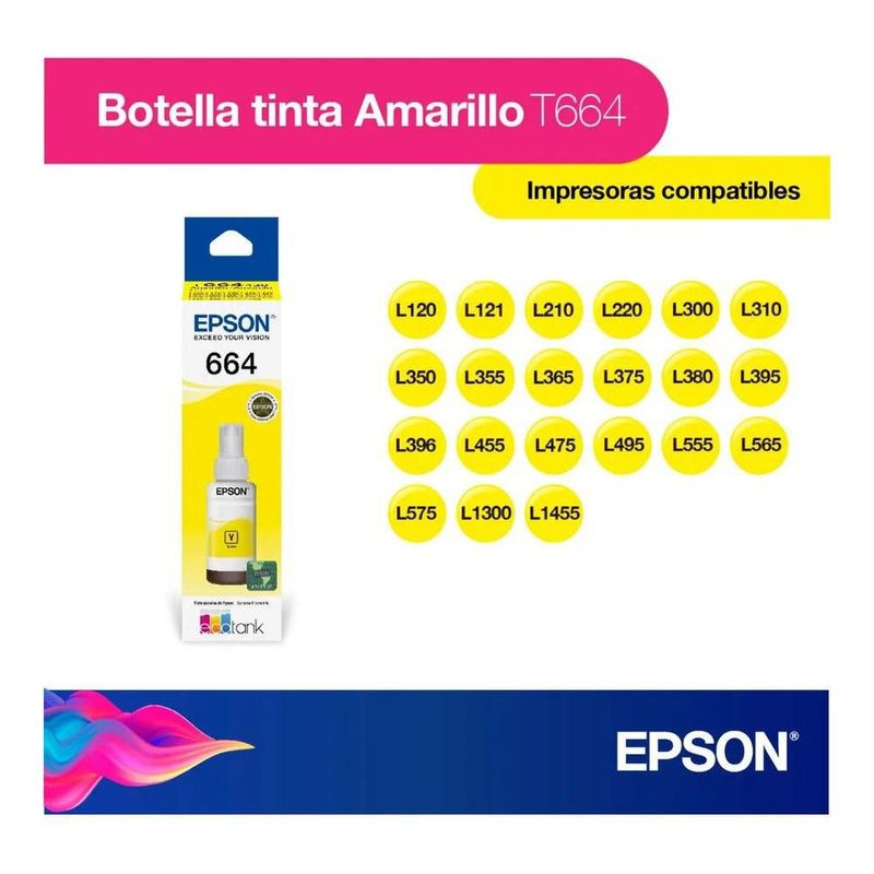 Cartucho Epson Modelo 664 Amarillo, Para L110, L200, L210, L350, L355, L555, L300, L1300
