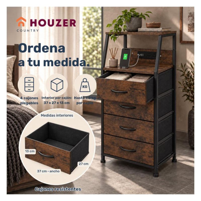 Buro Alto Houzer Country 4 Cajones 2 Repisas Multicontacto USB Cafe