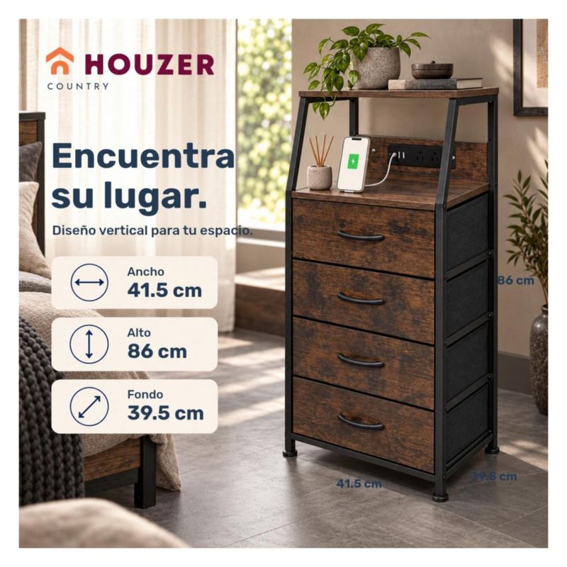 Buro Alto Houzer Country 4 Cajones 2 Repisas Multicontacto USB Cafe